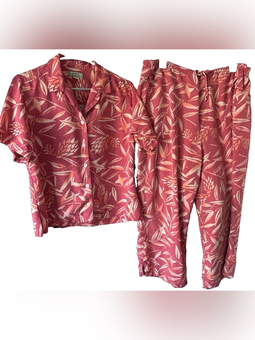Vtg Tommy Bahama 100% SILK coral Floral SET Flowy Wide Leg Pants N Top Women’s L